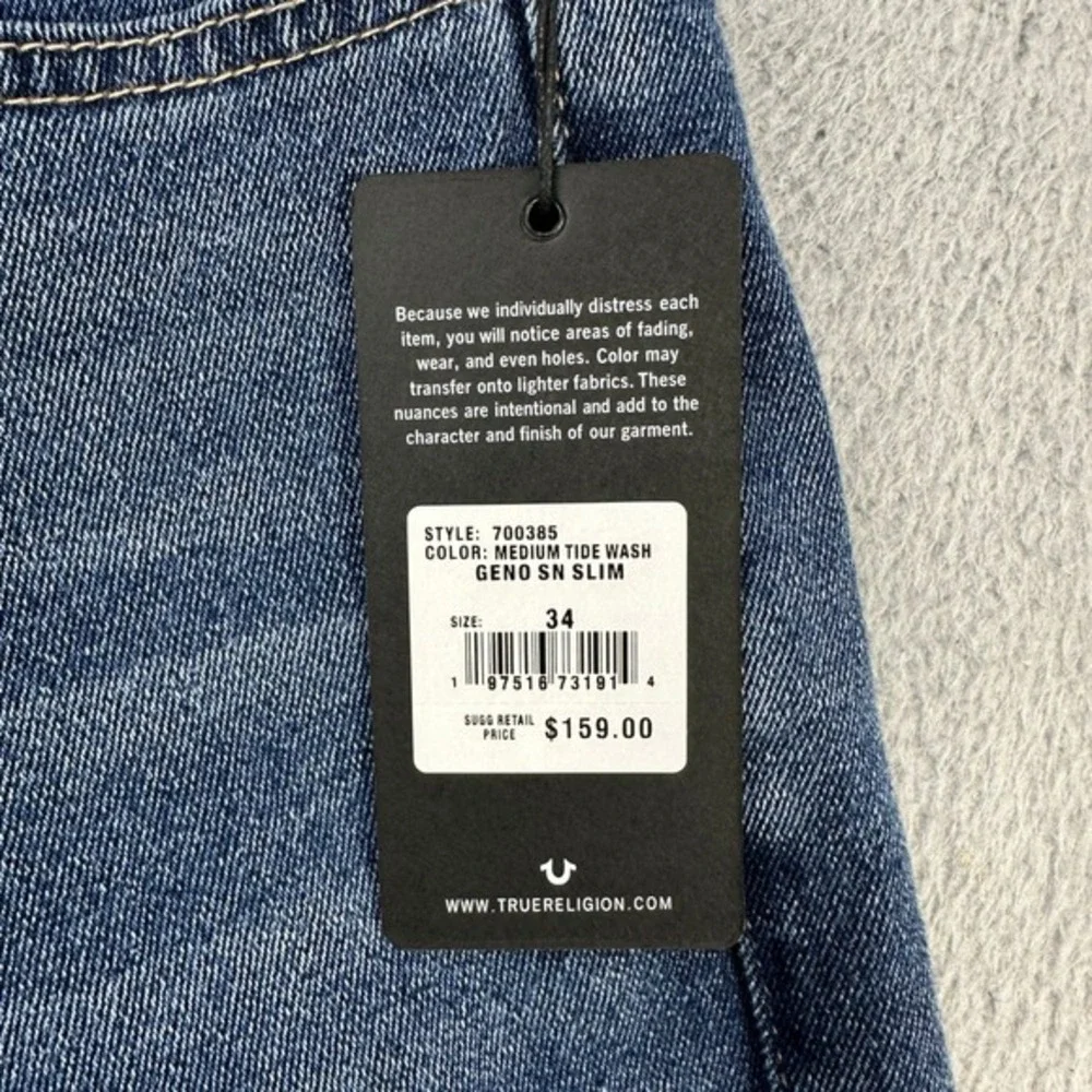 True Religion Mens Geno Relaxed Slim Jeans 34 Blue 5 Pockets Stretch Casual NEW